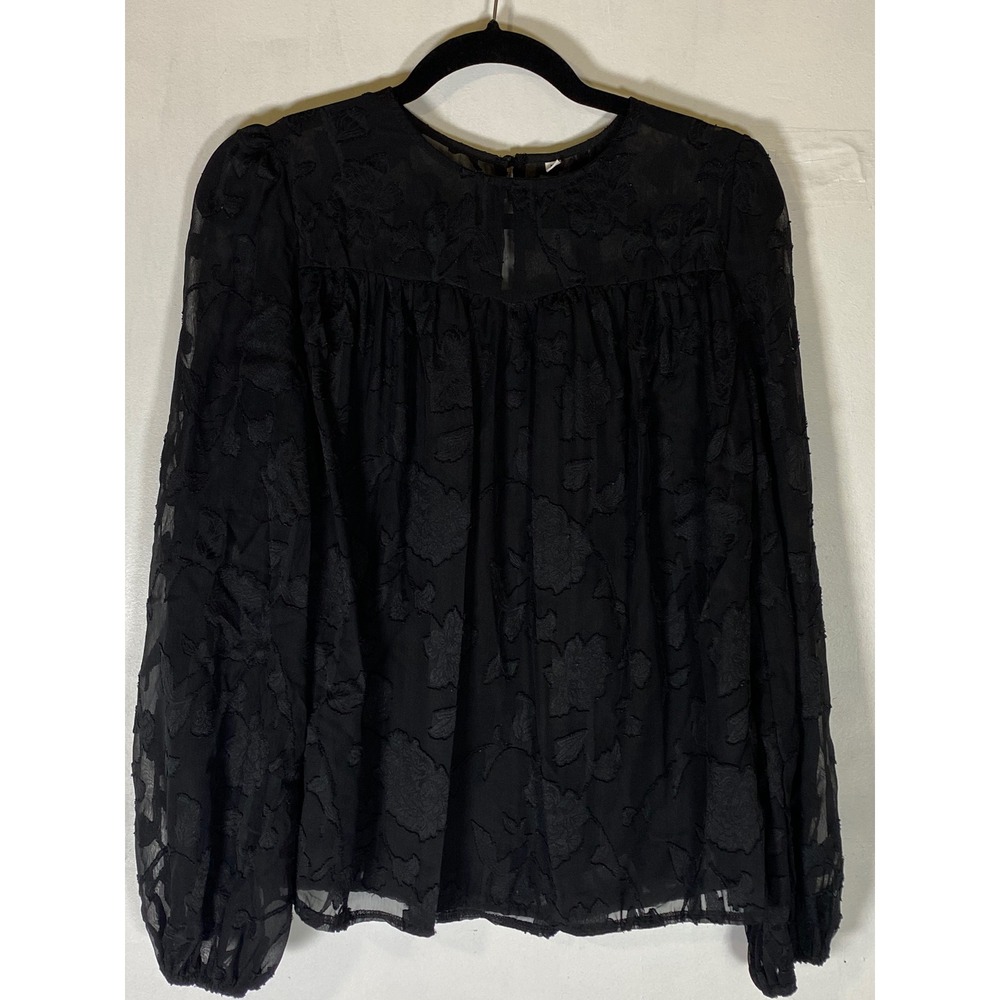 Black Sheer Floral Burnout Blouse Medium Whimsigoth Balloon Sleeve Goth‎